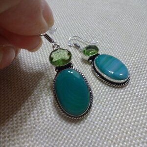 Beautiful GREEN BOTSWANA AGATE & PERIDOT Handmade Sterling 925 Dangle Earrings